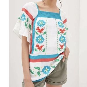 NWT- Anthropologie Seen Worn Kept embroidered tunic blouse, white blue red, Sz 4